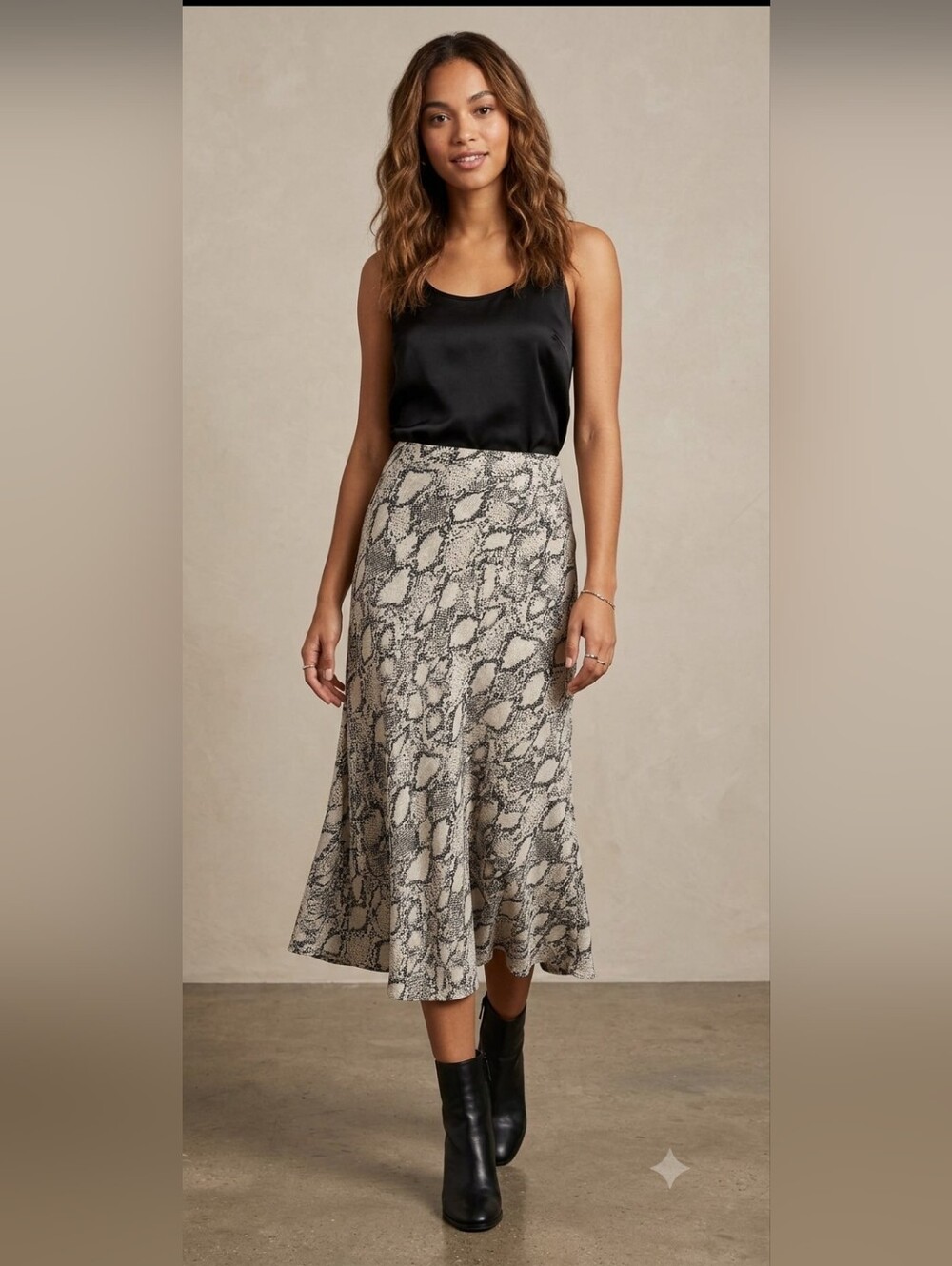 Bar III Black and Neutral Snake-Print Midi Skirt